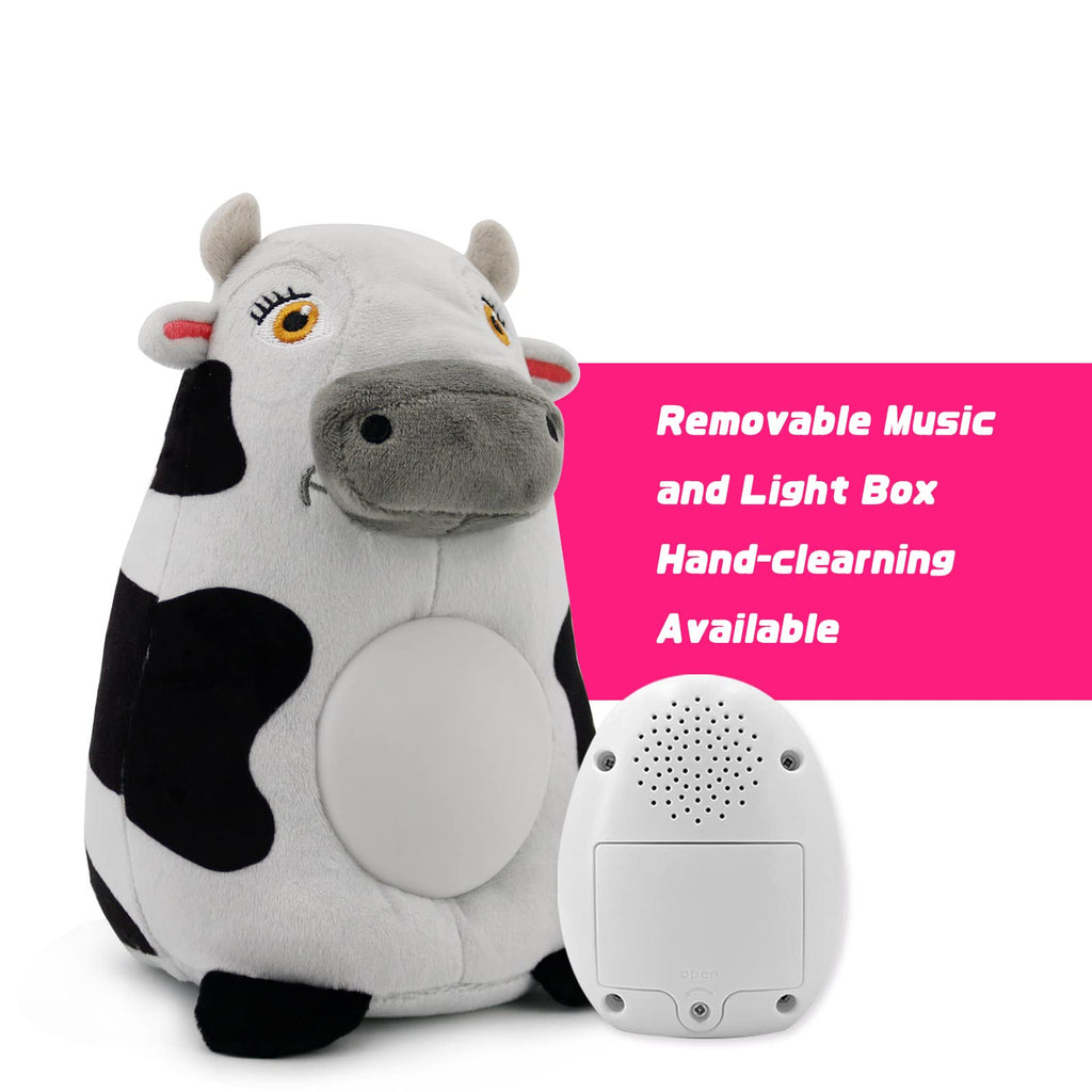 Musical and light-up cow toy with a removable music box, highlighting the hand-cleaning capability for the plush.