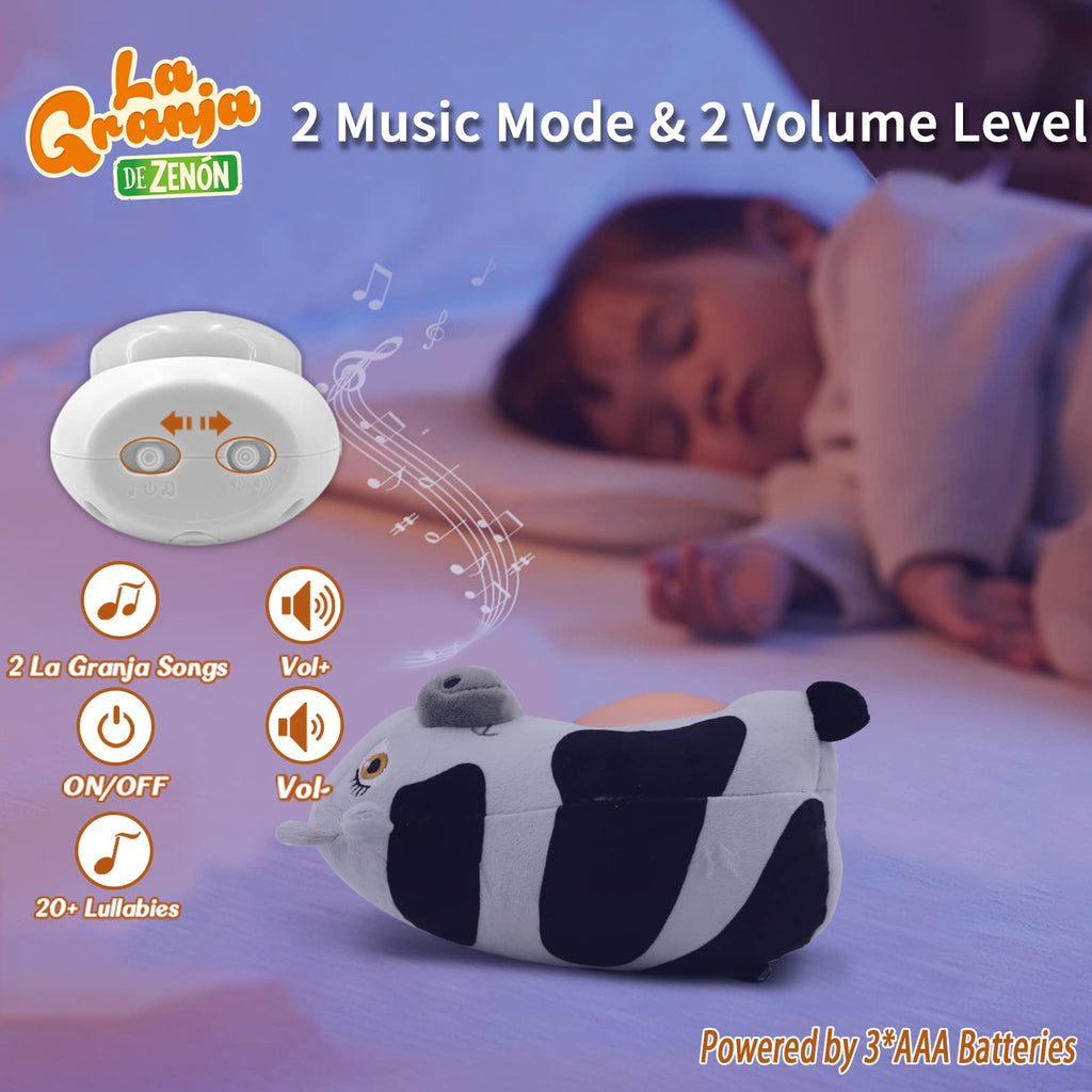 Display of the cow toy's music box controller with buttons for different lullabies and La Granja songs, powered by batteries.