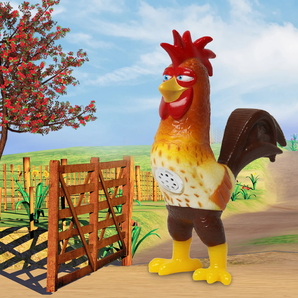 Bartolito chicken toy standing on a farm with a vibrant backdrop of trees and a wooden fence.