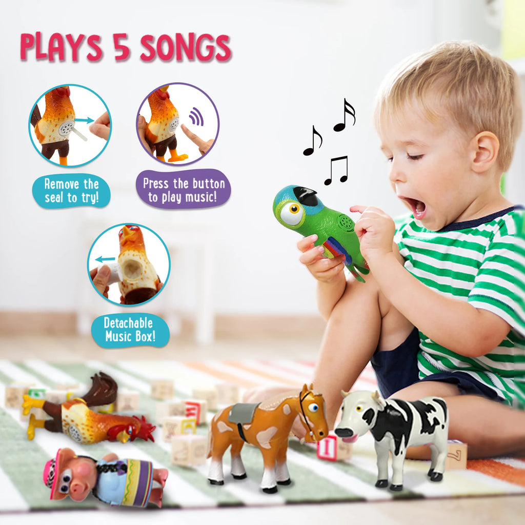 Image showing the Bartolito chicken toy's music features, playing 5 songs, with a child interacting.