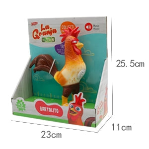 Packaging of Bartolito chicken toy showing the box dimensions of 25.5cm by 23cm by 11cm.