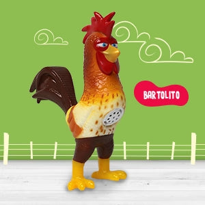 Promotional graphic of Bartolito chicken toy with the name label set against a farm backdrop.