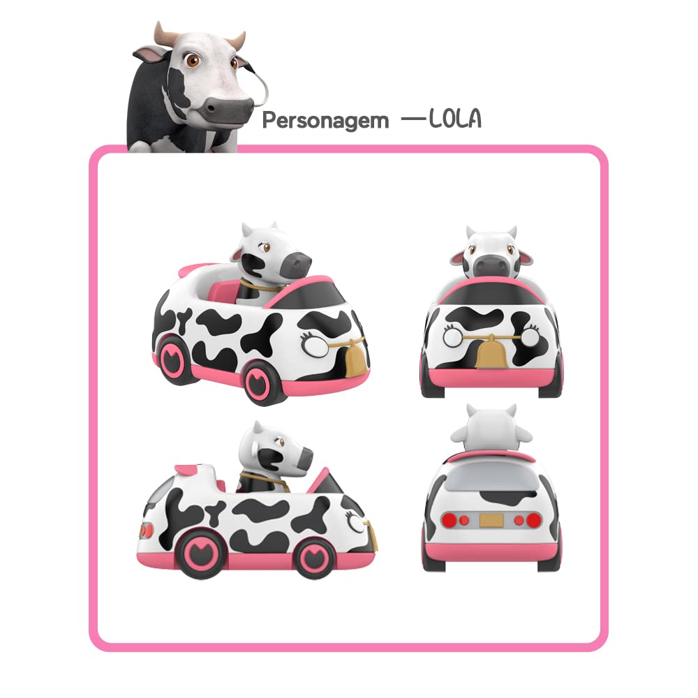 Multiple views of a cow-themed inertia toy car showcasing its design from all angles.