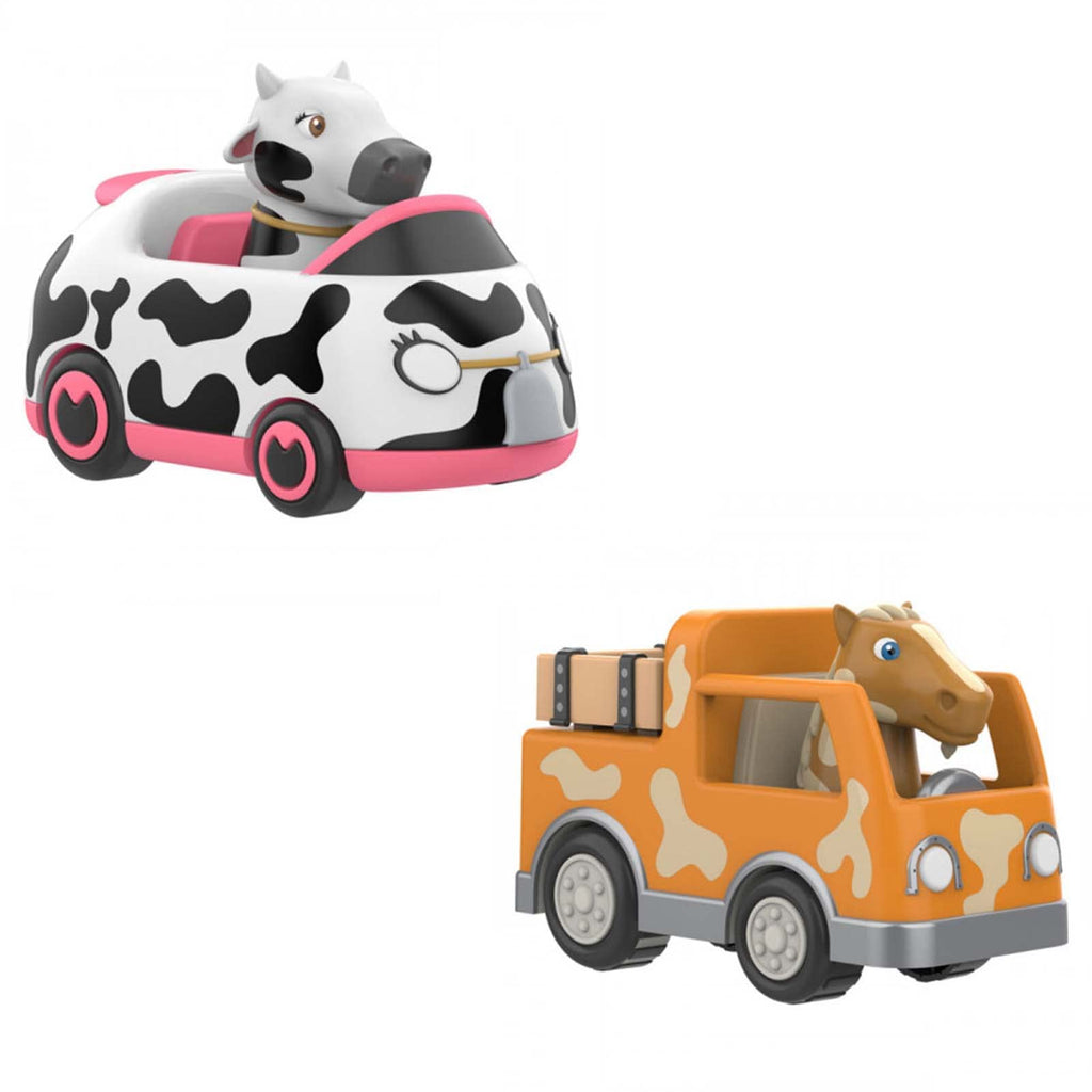 Inertia-powered toy car with a black and white cow design, suitable for children.