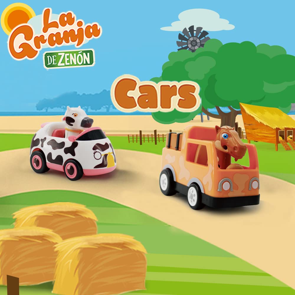 Collection of farm animal-themed inertia toy cars on a farm backdrop, including a cow and horse design.