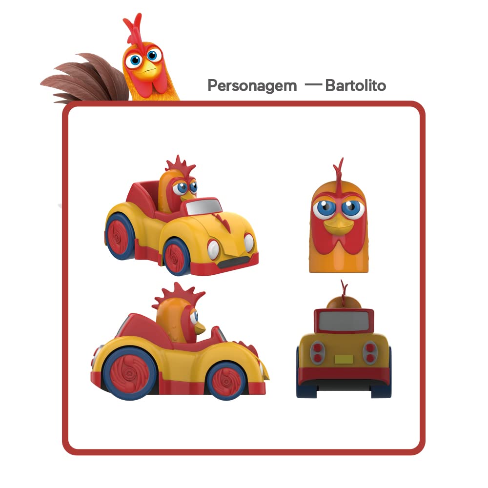 Profile views of a chicken character in a red and yellow toy car designed for children.