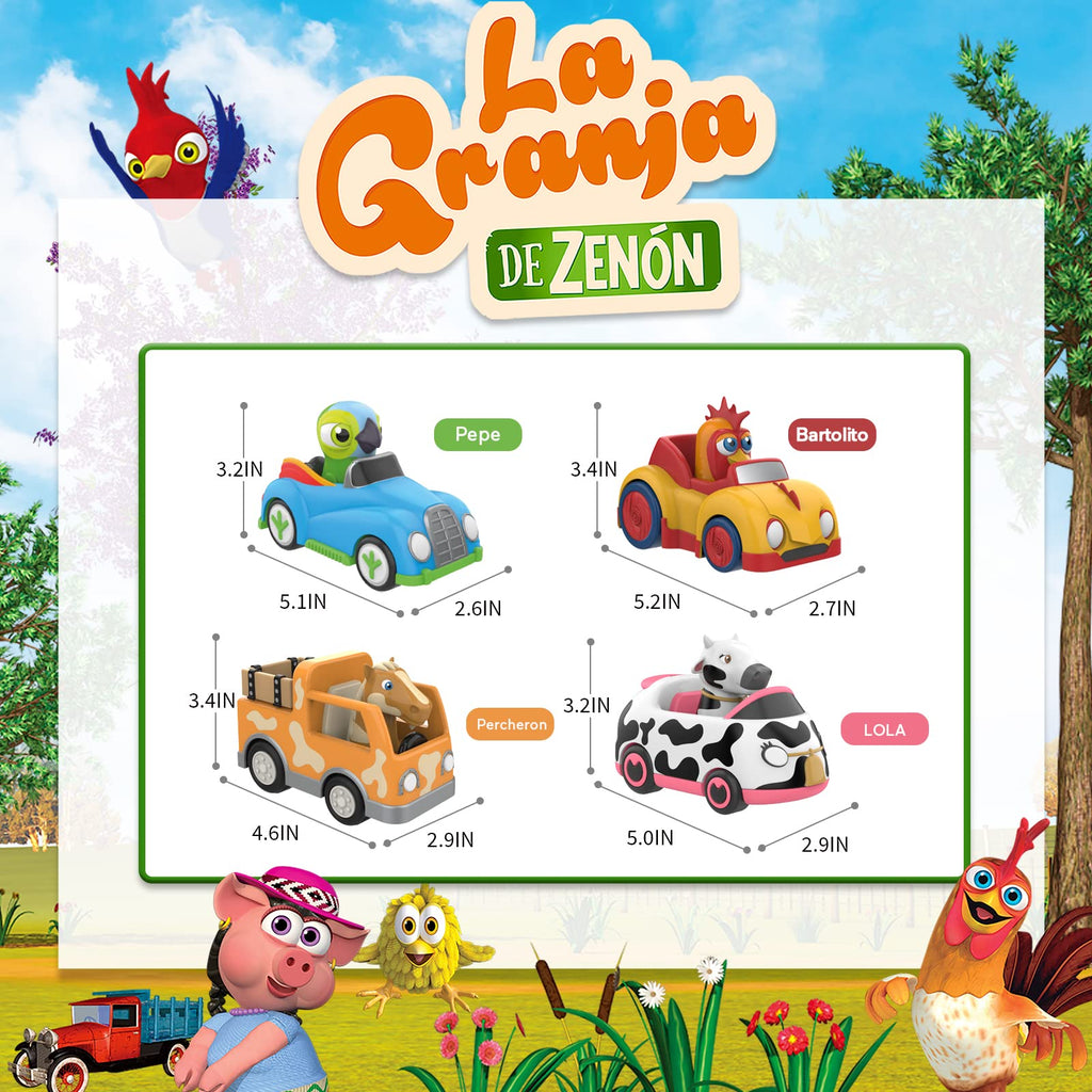 Collection of inertia-powered toy cars from La Granja de Zenón, featuring animal characters.