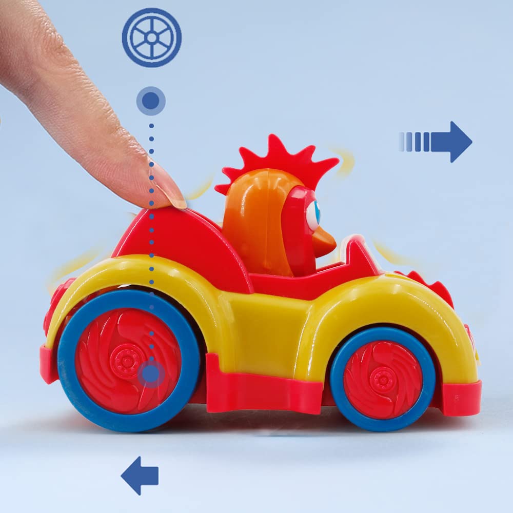 Child's hand demonstrating how to push the red and yellow chicken-themed inertia car toy.