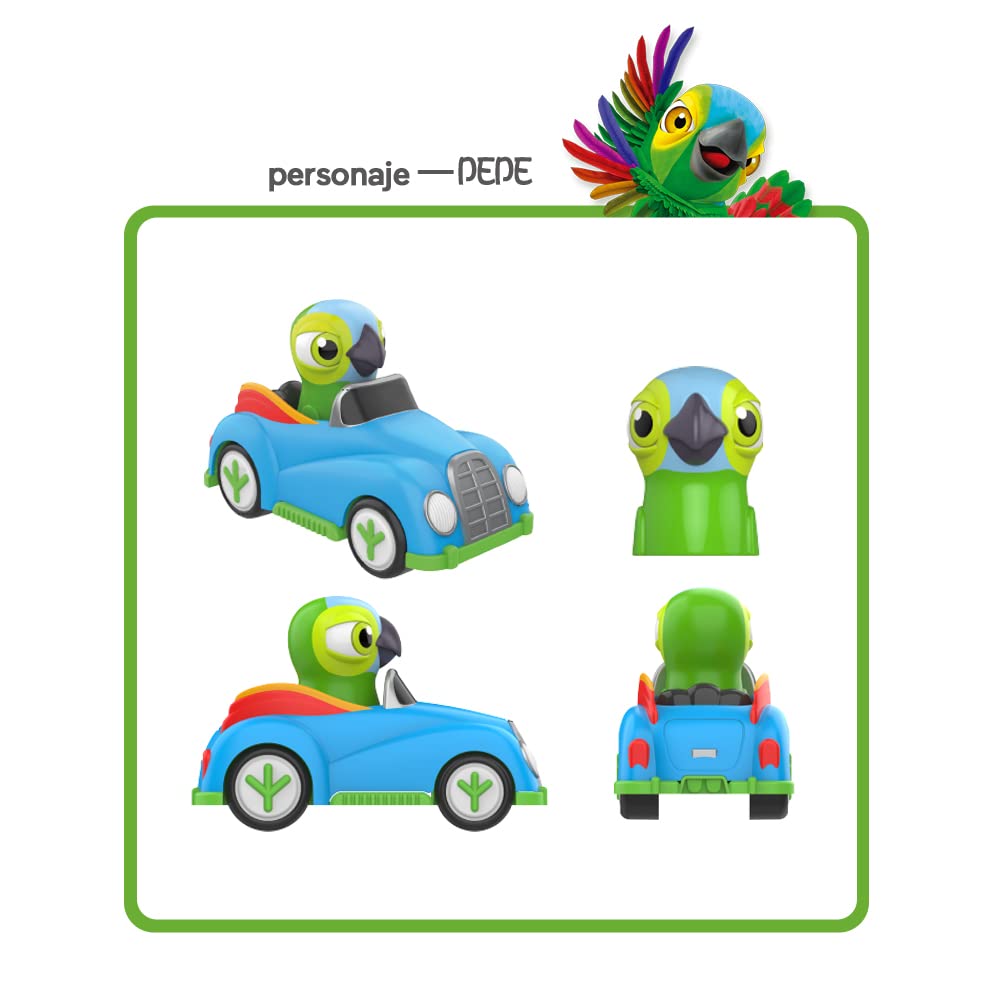 Green and blue inertia-powered toy car with a parrot character for kids.