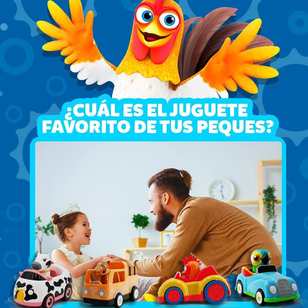 Family enjoying playtime with La Granja de Zenón themed inertia car toys for kids.