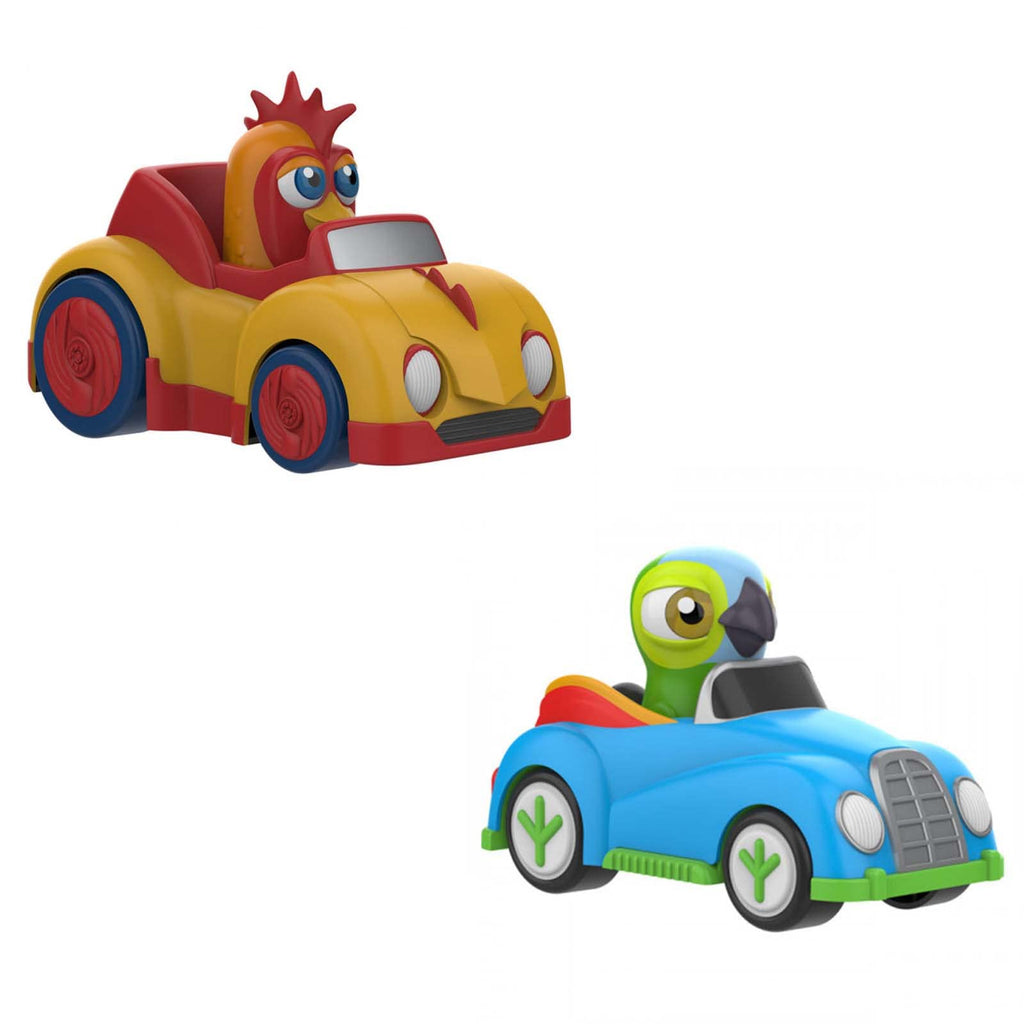 Red and yellow inertia-powered toy car with a chicken character for kids.