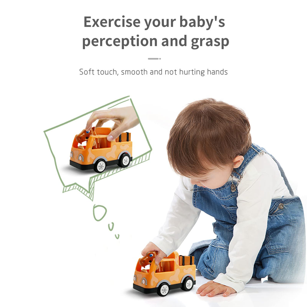 A toddler playing with a horse-themed inertia toy car, highlighting the toy's ability to aid in the development of perception and motor skills.