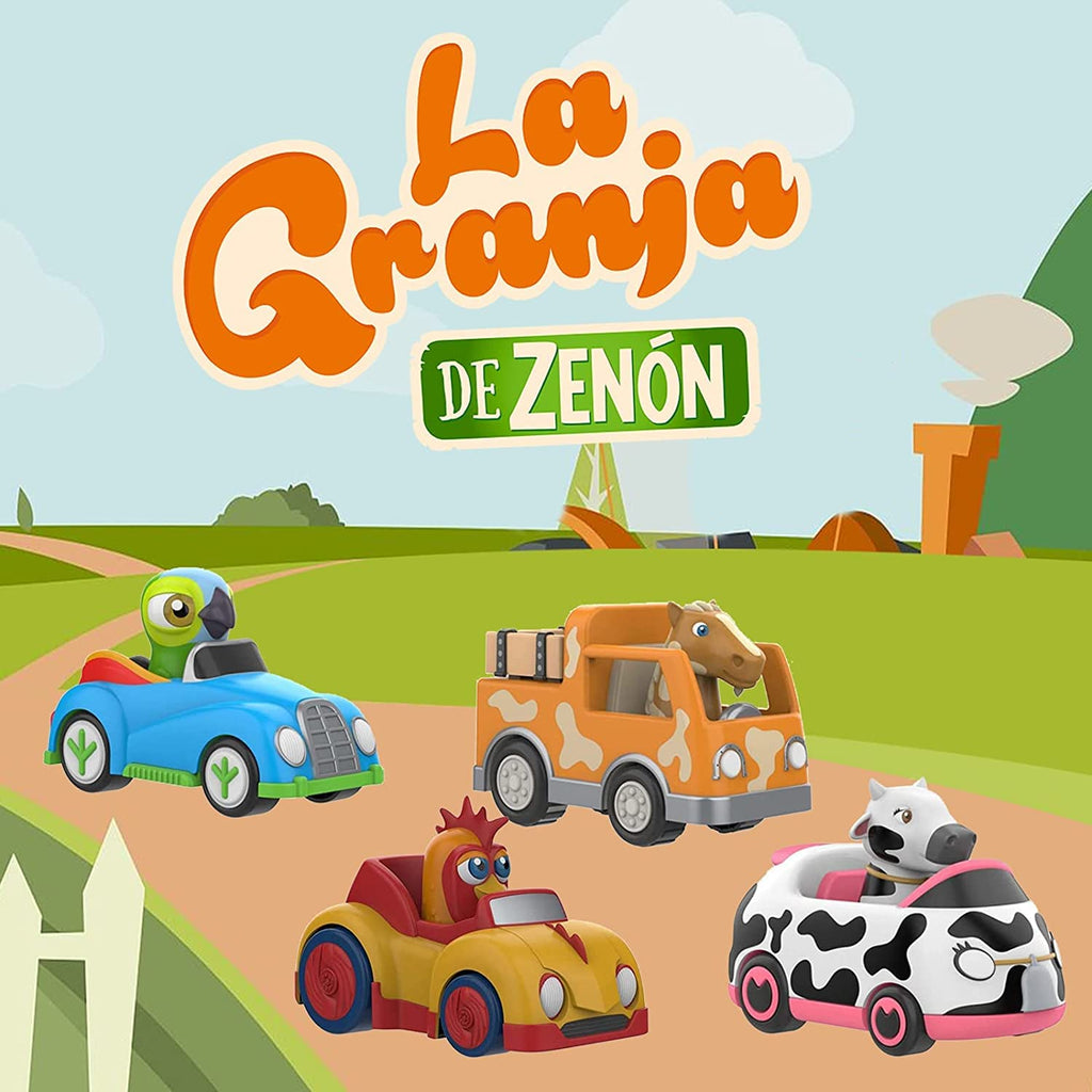 Inertia car toys from La Granja de Zenón displayed in a scenic farm backdrop.