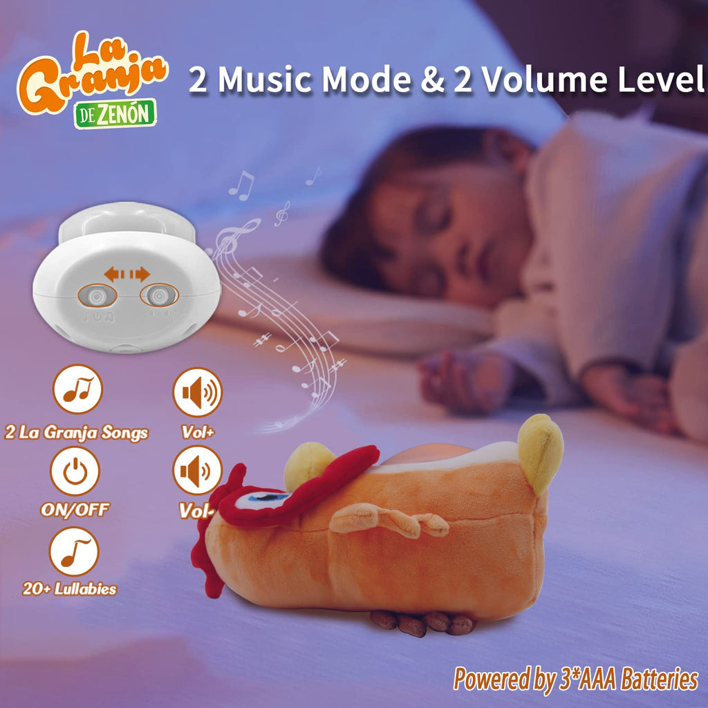 La Granja de Zenon rooster toy featuring two music modes and volume levels, powered by batteries.