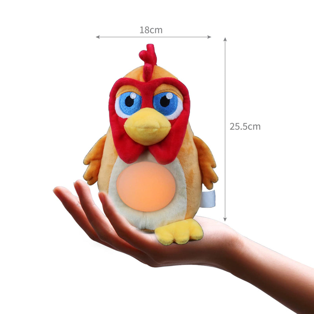 Hand holding La Granja de Zenon rooster showing the size of the musical plush toy.